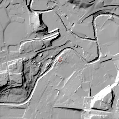 Shaded relief map of the ground around OL114EU, computed from Environment Agency LiDAR. The ground here sits at about 117 m above sea level and falls 35 m across the surrounding 800 m. Surface water reaching this point runs off ground lying to the north-north-west, 31.8 m higher.