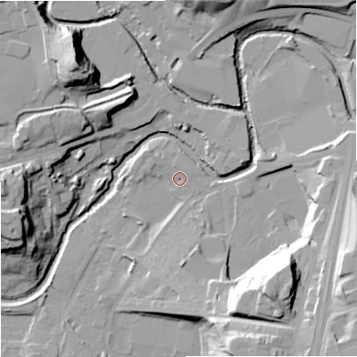 Shaded relief map of the ground around OL114EY, computed from Environment Agency LiDAR. The ground here sits at about 116 m above sea level and falls 34 m across the surrounding 800 m. Surface water reaching this point runs off ground lying to the south-east, 28.8 m higher.