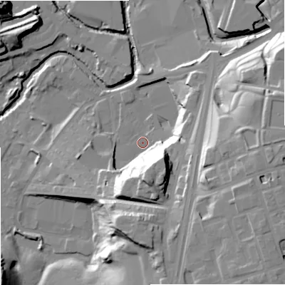 Shaded relief map of the ground around OL114EZ, computed from Environment Agency LiDAR. The ground here sits at about 117 m above sea level and falls 35 m across the surrounding 800 m. Surface water reaching this point runs off ground lying to the south-south-east, 26.8 m higher.