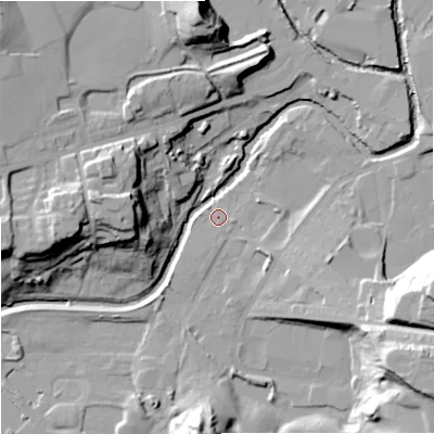 Shaded relief map of the ground around OL114HJ, computed from Environment Agency LiDAR. The ground here sits at about 114 m above sea level and falls 35 m across the surrounding 800 m. Surface water reaching this point runs off ground lying to the east, 3.2 m higher.