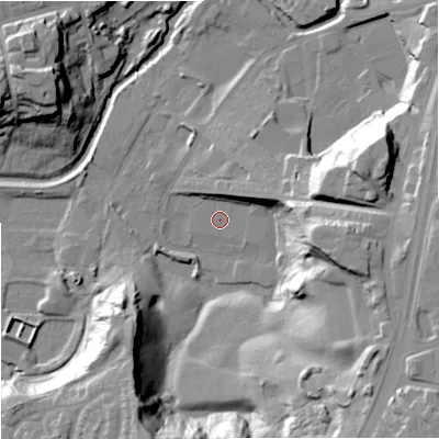 Shaded relief map of the ground around OL114HP, computed from Environment Agency LiDAR. The ground here sits at about 113 m above sea level and falls 35 m across the surrounding 800 m. Surface water reaching this point runs off ground lying to the south-east, 34.0 m higher.