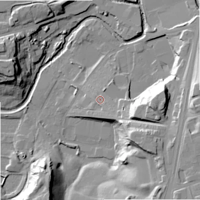 Shaded relief map of the ground around OL114HQ, computed from Environment Agency LiDAR. The ground here sits at about 121 m above sea level and falls 35 m across the surrounding 800 m. Surface water reaching this point runs off ground lying to the south-east, 3.5 m higher.