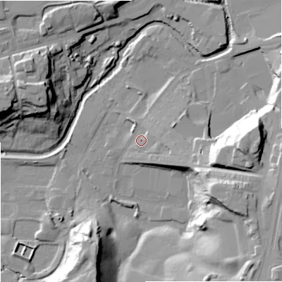 Shaded relief map of the ground around OL114HS, computed from Environment Agency LiDAR. The ground here sits at about 117 m above sea level and falls 35 m across the surrounding 800 m. Surface water reaching this point runs off ground lying to the east, 7.0 m higher.