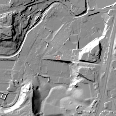 Shaded relief map of the ground around OL114HT, computed from Environment Agency LiDAR. The ground here sits at about 120 m above sea level and falls 35 m across the surrounding 800 m. Surface water reaching this point runs off ground lying to the east, 7.4 m higher.