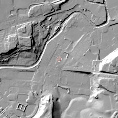 Shaded relief map of the ground around OL114JB, computed from Environment Agency LiDAR. The ground here sits at about 114 m above sea level and falls 36 m across the surrounding 800 m. Surface water reaching this point runs off ground lying to the east-north-east, 4.9 m higher.