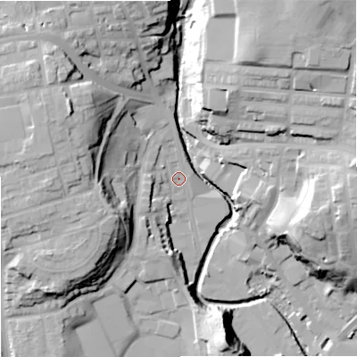 Shaded relief map of the ground around OL115BT, computed from Environment Agency LiDAR. The ground here sits at about 124 m above sea level and falls 41 m across the surrounding 800 m. Surface water reaching this point runs off ground lying to the west-north-west, 26.6 m higher.