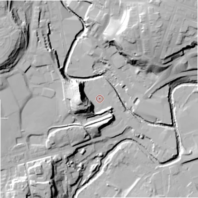 Shaded relief map of the ground around OL115BW, computed from Environment Agency LiDAR. The ground here sits at about 120 m above sea level and falls 36 m across the surrounding 800 m. Surface water reaching this point runs off ground lying to the west-south-west, 21.0 m higher.