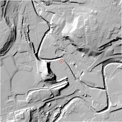 Shaded relief map of the ground around OL126AA, computed from Environment Agency LiDAR. The ground here sits at about 120 m above sea level and falls 36 m across the surrounding 800 m. Surface water reaching this point runs off ground lying to the north-east, 30.3 m higher.