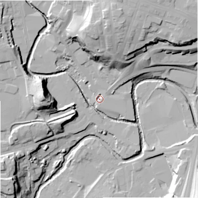 Shaded relief map of the ground around OL126AF, computed from Environment Agency LiDAR. The ground here sits at about 118 m above sea level and falls 36 m across the surrounding 800 m. Surface water reaching this point runs off ground lying to the north, 26.7 m higher.