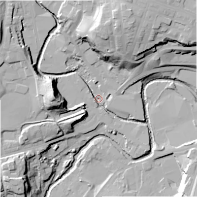Shaded relief map of the ground around OL126AG, computed from Environment Agency LiDAR. The ground here sits at about 117 m above sea level and falls 36 m across the surrounding 800 m. Surface water reaching this point runs off ground lying to the north-north-east, 31.0 m higher.
