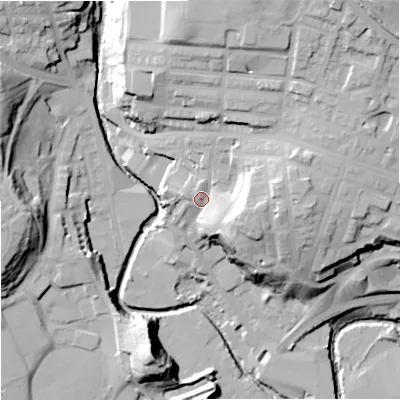 Shaded relief map of the ground around OL126AW, computed from Environment Agency LiDAR. The ground here sits at about 132 m above sea level and falls 40 m across the surrounding 800 m. Surface water reaching this point runs off ground lying to the east, 16.9 m higher.