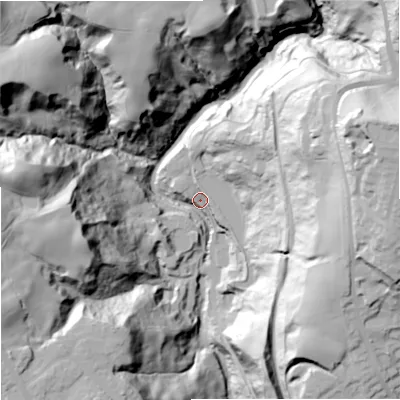Shaded relief map of the ground around OL126BG, computed from Environment Agency LiDAR. The ground here sits at about 156 m above sea level and falls 94 m across the surrounding 800 m. Surface water reaching this point runs off ground lying to the west-north-west, 80.8 m higher.