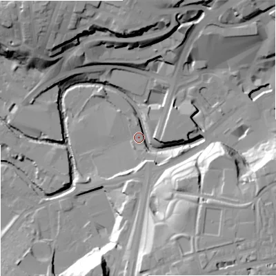 Shaded relief map of the ground around OL126HY, computed from Environment Agency LiDAR. The ground here sits at about 118 m above sea level and falls 32 m across the surrounding 800 m. Surface water reaching this point runs off ground lying to the south, 8.1 m higher.