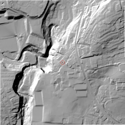 Shaded relief map of the ground around OL126LE, computed from Environment Agency LiDAR. The ground here sits at about 161 m above sea level and falls 69 m across the surrounding 800 m. Surface water reaching this point runs off ground lying to the east-north-east, 8.5 m higher.