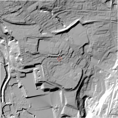 Shaded relief map of the ground around OL126LZ, computed from Environment Agency LiDAR. The ground here sits at about 162 m above sea level and falls 63 m across the surrounding 800 m. Surface water reaching this point runs off ground lying to the north-west, 28.7 m higher.