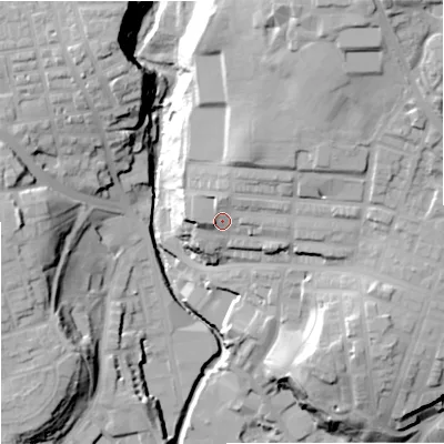 Shaded relief map of the ground around OL126QB, computed from Environment Agency LiDAR. The ground here sits at about 140 m above sea level and falls 48 m across the surrounding 800 m. Surface water reaching this point runs off ground lying to the north-east, 13.2 m higher.