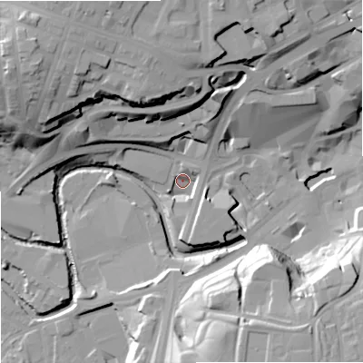 Shaded relief map of the ground around OL126RY, computed from Environment Agency LiDAR. The ground here sits at about 118 m above sea level and falls 33 m across the surrounding 800 m. Surface water reaching this point runs off ground lying to the north-north-west, 29.5 m higher.