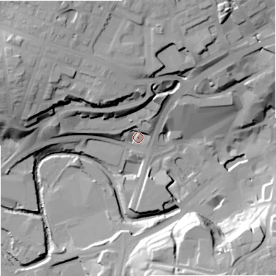 Shaded relief map of the ground around OL126RZ, computed from Environment Agency LiDAR. The ground here sits at about 121 m above sea level and falls 34 m across the surrounding 800 m. Surface water reaching this point runs off ground lying to the north-north-east, 14.9 m higher.