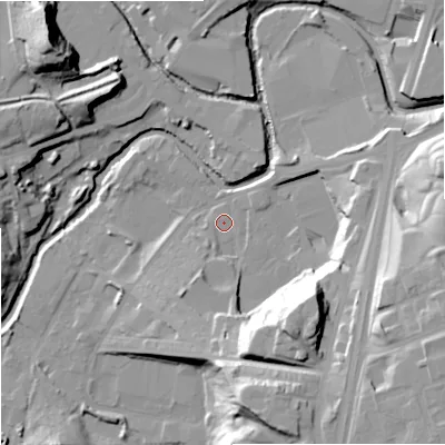 Shaded relief map of the ground around OL126XB, computed from Environment Agency LiDAR. The ground here sits at about 117 m above sea level and falls 34 m across the surrounding 800 m. Surface water reaching this point runs off ground lying to the south-south-east, 27.4 m higher.