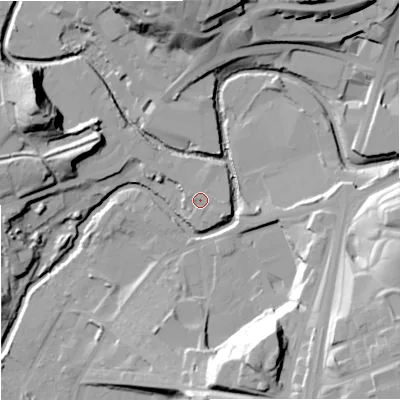 Shaded relief map of the ground around OL126XD, computed from Environment Agency LiDAR. The ground here sits at about 119 m above sea level and falls 35 m across the surrounding 800 m. Surface water reaching this point runs off ground lying to the east-south-east, 1.4 m higher.