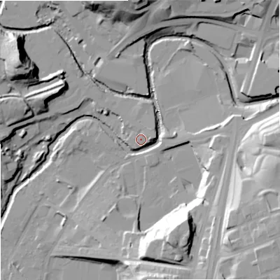 Shaded relief map of the ground around OL126XE, computed from Environment Agency LiDAR. The ground here sits at about 119 m above sea level and falls 35 m across the surrounding 800 m. Surface water reaching this point runs off ground lying to the east, 2.0 m higher.