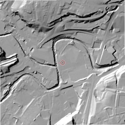 Shaded relief map of the ground around OL126XT, computed from Environment Agency LiDAR. The ground here sits at about 118 m above sea level and falls 36 m across the surrounding 800 m. The ground contributing surface water to this point lies to the north-north-west.