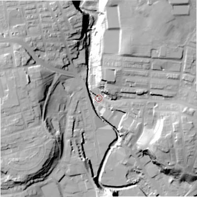 Shaded relief map of the ground around OL127AG, computed from Environment Agency LiDAR. The ground here sits at about 125 m above sea level and falls 44 m across the surrounding 800 m. Surface water reaching this point runs off ground lying to the north-east, 39.9 m higher.