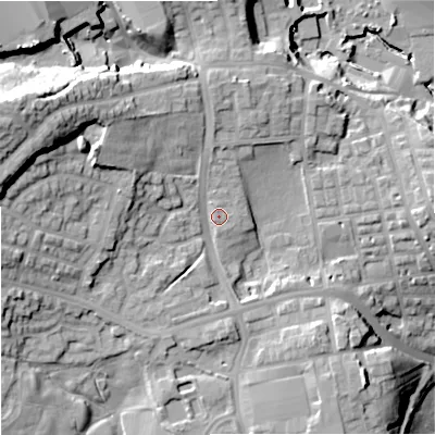 Shaded relief map of the ground around OL127AL, computed from Environment Agency LiDAR. The ground here sits at about 146 m above sea level and falls 37 m across the surrounding 800 m. Surface water reaching this point runs off ground lying to the west-north-west, 18.3 m higher.