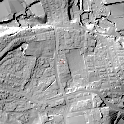 Shaded relief map of the ground around OL127BA, computed from Environment Agency LiDAR. The ground here sits at about 147 m above sea level and falls 38 m across the surrounding 800 m. Surface water reaching this point runs off ground lying to the north-north-west, 1.2 m higher.