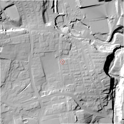 Shaded relief map of the ground around OL127DJ, computed from Environment Agency LiDAR. The ground here sits at about 145 m above sea level and falls 36 m across the surrounding 800 m. Surface water reaching this point runs off ground lying to the west-north-west, 13.6 m higher.
