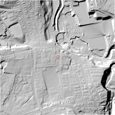 Shaded relief map of the ground around OL127DL, computed from Environment Agency LiDAR. The ground here sits at about 147 m above sea level and falls 48 m across the surrounding 800 m. Surface water reaching this point runs off ground lying to the west-north-west, 2.9 m higher.