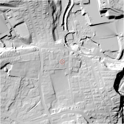 Shaded relief map of the ground around OL127DN, computed from Environment Agency LiDAR. The ground here sits at about 148 m above sea level and falls 47 m across the surrounding 800 m. Surface water reaching this point runs off ground lying to the north-west, 2.3 m higher.