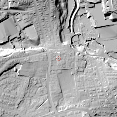 Shaded relief map of the ground around OL127DU, computed from Environment Agency LiDAR. The ground here sits at about 149 m above sea level and falls 41 m across the surrounding 800 m. Surface water reaching this point runs off ground lying to the north-north-east, 1.8 m higher.