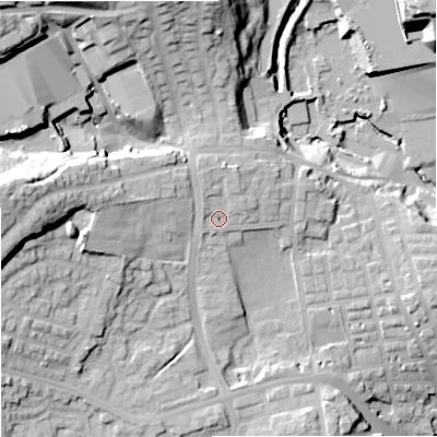 Shaded relief map of the ground around OL127DW, computed from Environment Agency LiDAR. The ground here sits at about 148 m above sea level and falls 39 m across the surrounding 800 m. Surface water reaching this point runs off ground lying to the north-north-east, 2.7 m higher.
