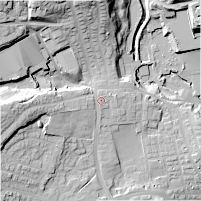 Shaded relief map of the ground around OL127DX, computed from Environment Agency LiDAR. The ground here sits at about 150 m above sea level and falls 42 m across the surrounding 800 m. Surface water reaching this point runs off ground lying to the west, 1.4 m higher.