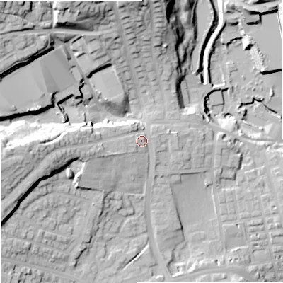 Shaded relief map of the ground around OL127DY, computed from Environment Agency LiDAR. The ground here sits at about 151 m above sea level and falls 45 m across the surrounding 800 m. Surface water reaching this point runs off ground lying to the west, 16.9 m higher.