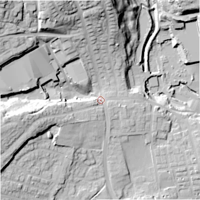 Shaded relief map of the ground around OL127DZ, computed from Environment Agency LiDAR. The ground here sits at about 149 m above sea level and falls 47 m across the surrounding 800 m. Surface water reaching this point runs off ground lying to the west-south-west, 20.8 m higher.