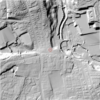 Shaded relief map of the ground around OL127EA, computed from Environment Agency LiDAR. The ground here sits at about 149 m above sea level and falls 45 m across the surrounding 800 m. Surface water reaching this point runs off ground lying to the south-west, 2.6 m higher.