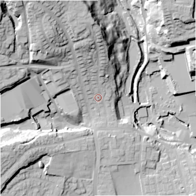 Shaded relief map of the ground around OL127EB, computed from Environment Agency LiDAR. The ground here sits at about 150 m above sea level and falls 52 m across the surrounding 800 m. Surface water reaching this point runs off ground lying to the north, 24.0 m higher.