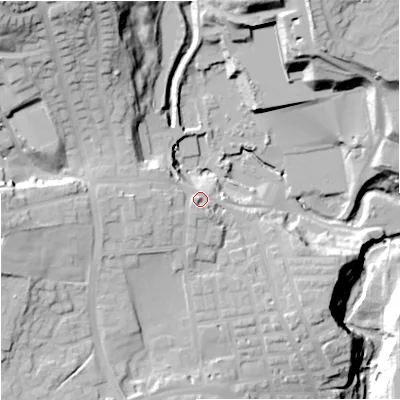 Shaded relief map of the ground around OL127EG, computed from Environment Agency LiDAR. The ground here sits at about 146 m above sea level and falls 50 m across the surrounding 800 m. Surface water reaching this point runs off ground lying to the west, 6.5 m higher.