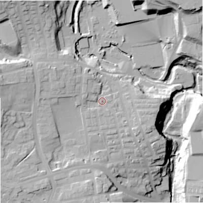 Shaded relief map of the ground around OL127EL, computed from Environment Agency LiDAR. The ground here sits at about 144 m above sea level and falls 37 m across the surrounding 800 m. Surface water reaching this point runs off ground lying to the north-west, 4.8 m higher.