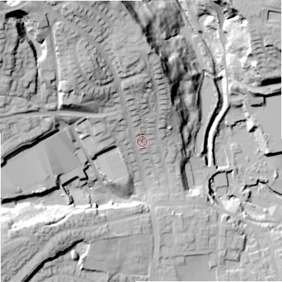 Shaded relief map of the ground around OL127LG, computed from Environment Agency LiDAR. The ground here sits at about 153 m above sea level and falls 57 m across the surrounding 800 m. Surface water reaching this point runs off ground lying to the north-west, 34.8 m higher.