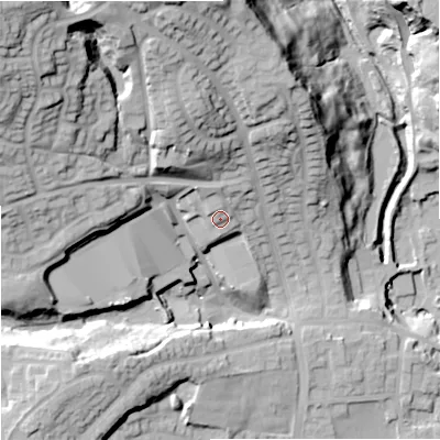 Shaded relief map of the ground around OL127LQ, computed from Environment Agency LiDAR. The ground here sits at about 157 m above sea level and falls 62 m across the surrounding 800 m. Surface water reaching this point runs off ground lying to the north, 2.8 m higher.
