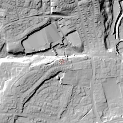 Shaded relief map of the ground around OL127NW, computed from Environment Agency LiDAR. The ground here sits at about 156 m above sea level and falls 45 m across the surrounding 800 m. Surface water reaching this point runs off ground lying to the west-south-west, 11.5 m higher.