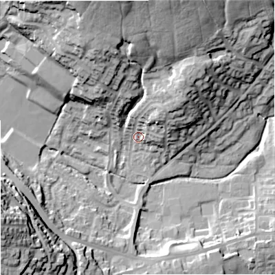 Shaded relief map of the ground around OL127PF, computed from Environment Agency LiDAR. The ground here sits at about 160 m above sea level and falls 42 m across the surrounding 800 m. Surface water reaching this point runs off ground lying to the north-east, 12.5 m higher.