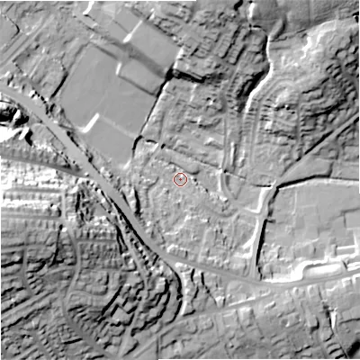 Shaded relief map of the ground around OL127QS, computed from Environment Agency LiDAR. The ground here sits at about 160 m above sea level and falls 49 m across the surrounding 800 m. Surface water reaching this point runs off ground lying to the west-south-west, 40.7 m higher.