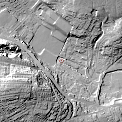 Shaded relief map of the ground around OL127QW, computed from Environment Agency LiDAR. The ground here sits at about 159 m above sea level and falls 49 m across the surrounding 800 m. Surface water reaching this point runs off ground lying to the south-west, 16.4 m higher.