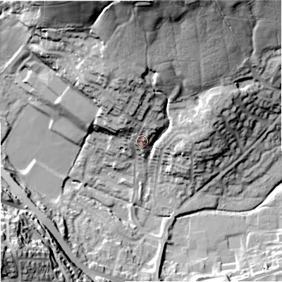 Shaded relief map of the ground around OL127QY, computed from Environment Agency LiDAR. The ground here sits at about 165 m above sea level and falls 46 m across the surrounding 800 m. Surface water reaching this point runs off ground lying to the north-north-west, 17.6 m higher.