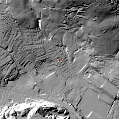 Shaded relief map of the ground around OL127RH, computed from Environment Agency LiDAR. The ground here sits at about 170 m above sea level and falls 88 m across the surrounding 800 m. Surface water reaching this point runs off ground lying to the north-west, 12.6 m higher.