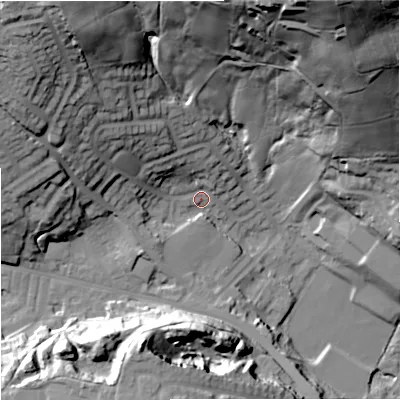 Shaded relief map of the ground around OL127RL, computed from Environment Agency LiDAR. The ground here sits at about 166 m above sea level and falls 77 m across the surrounding 800 m. Surface water reaching this point runs off ground lying to the north-west, 41.4 m higher.